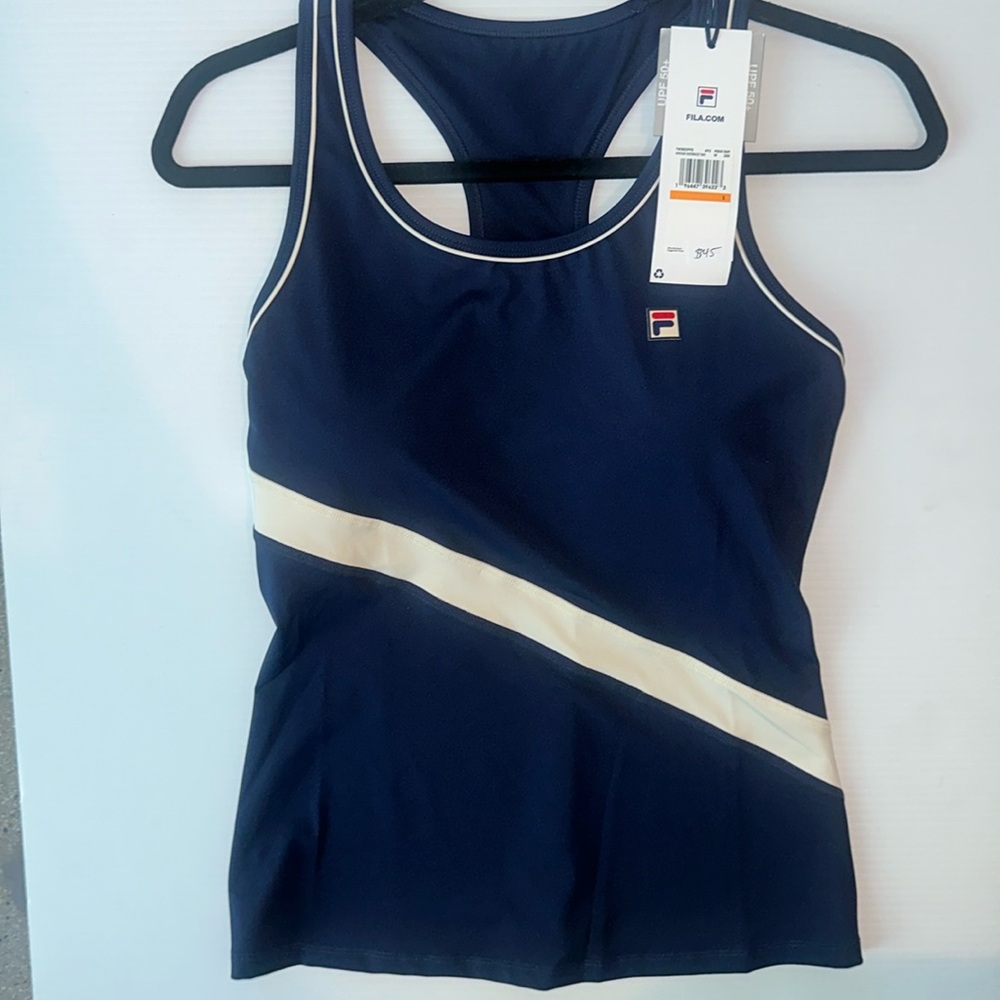 Fila tennis tank in a size S. Navy blue color with a white stripe.